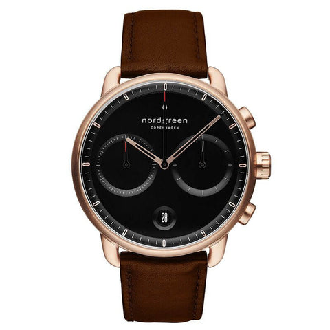 PIONEER - 42mm - mørkebrun læder m. rose guld urkasse, sort skive