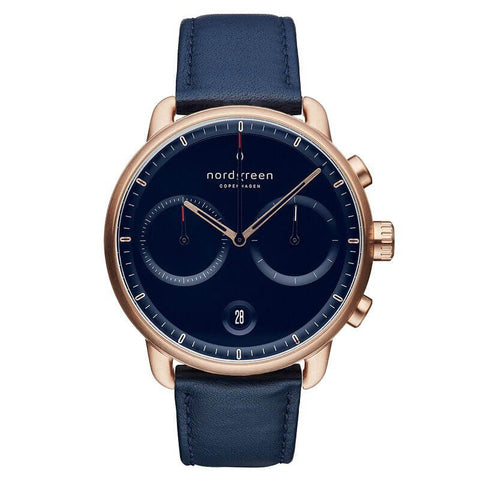 PIONEER - 42mm - blå læder m. rose guld urkasse, sort skive