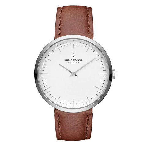 Infinity - 32MM - Brun læderrem, sølv urkasse, hvid skive