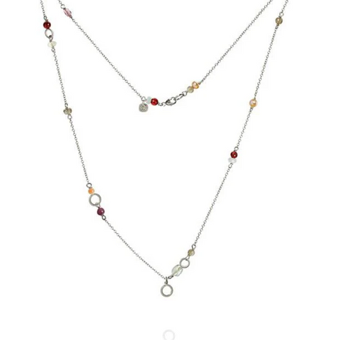 Dulong Fine Jewelry – Piccolo halskæde – PIC5-F1129-47. Med månesten, akvamarin, stjernerubin, koral, labradorit, ferskvandsperle, prehnit, calcedon, granat, amazonit og ametyst.