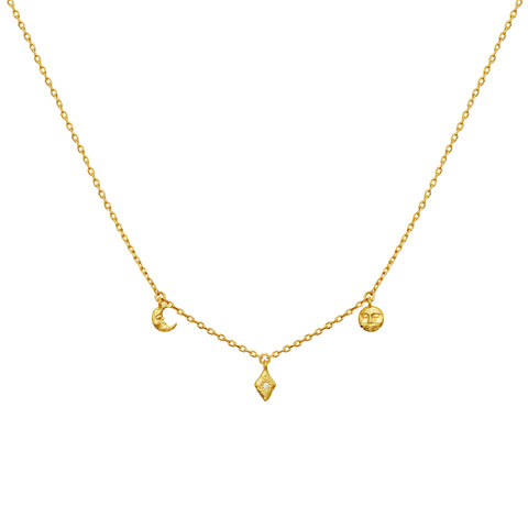 Lea_necklace_gold_b. Lea halskæde i forgyldt sølv fra maanesten. med tre små vedhæng. Måne