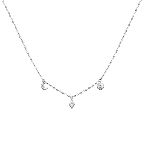 Lea_necklace_silver_b. Lea halskæde fra Maanesten. Med tre små vedhæng, halvmåne og fuldmåne