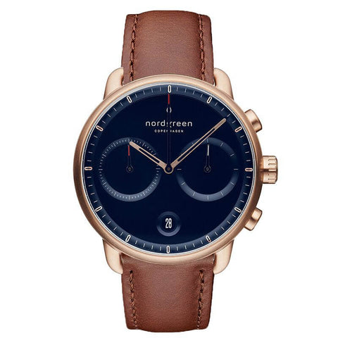 PIONEER - 42mm - brun læder m. rose guld urkasse, blå skive