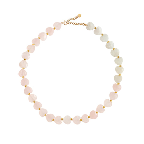 stine a mon amour halskæde med rosakvarts og månesten. forgyldt sterlingsølv