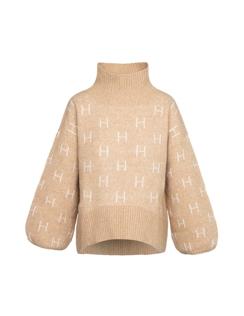 1010120101-468LightBeige-Extra1. Fam short sweater fra Hést light beige melange lange løse ærmer høj hals turtleneck