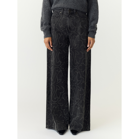 YASBEA Rhinestone Denim Jeans, Dark Grey Denim