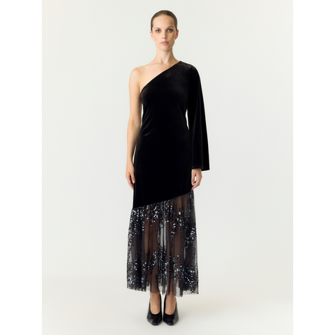 YASTERA OS Long Velvet Dress, Black