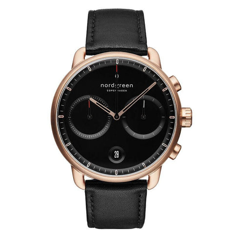 PIONEER - 42mm - sort læder m. rose guld urkasse, sort skive