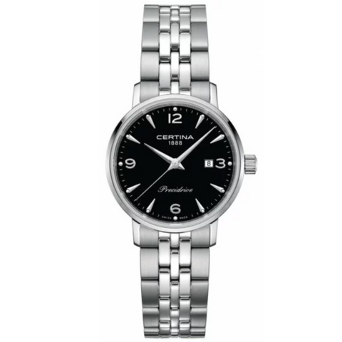 Certina DS Caimano Lady - C035.210.11.057.00 er et elegant og tidløst dameur, der kombinerer klassisk design med schweizisk præcision. Med en 28 mm urkasse i rustfrit stål og en sort urskive tilbyder uret både raffinement og funktionalitet.
