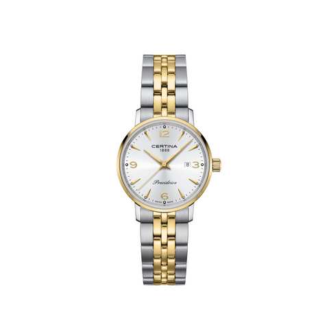Certina DS Caimano Lady - C035.210.22.037.02 er et elegant schweizisk dameur, der kombinerer raffineret design med høj præcision. Med en 28 mm rustfri stålkasse og sølvfarvet urskive udstråler det både klassisk stil og funktionalitet.

Det COSC-certificerede Precidrive™ quartz-urværk sikrer exceptionel nøjagtighed, mens safirglas med antirefleksbehandling beskytter mod ridser og giver optimal synlighed.

Med 10 ATM vandtæthed er uret velegnet til daglig brug og let vandsport. Den slanke profil på 7 mm og 31