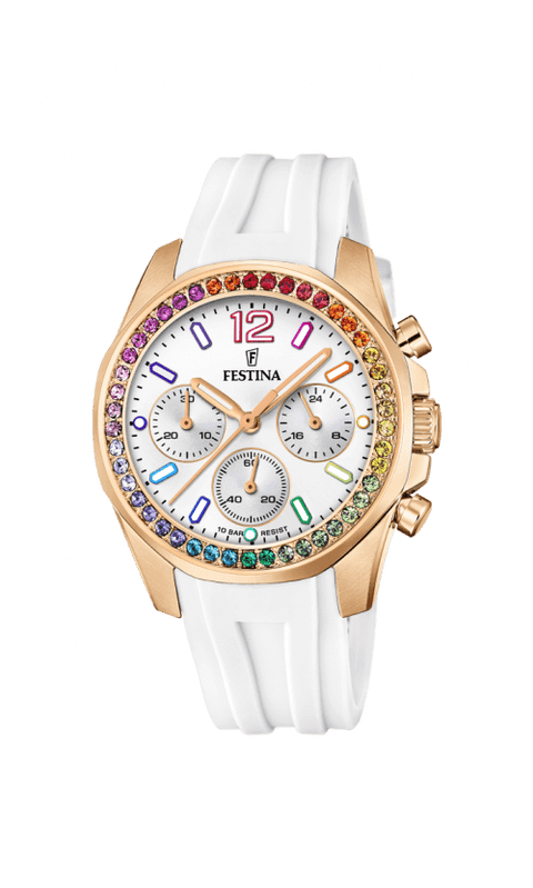 F20611/2 Festina Rainbow ur, Doublé stål m. hvid gummirem