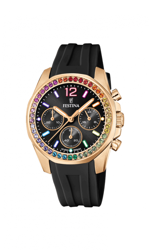 F20611/3 Festina Rainbow ur, Doublé stål m. sort gummirem