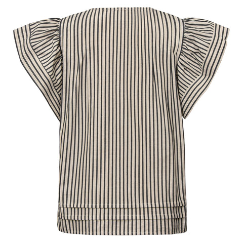 MinkaGO Jo Blouse - Creme Black Stripes er en stilfuld og moderne bluse, der kombinerer et feminint og råt udtryk.