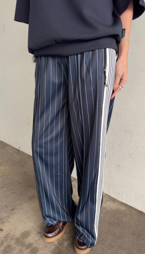Haute L'amitié Baggy Pin Stripe Track Pants - Navy