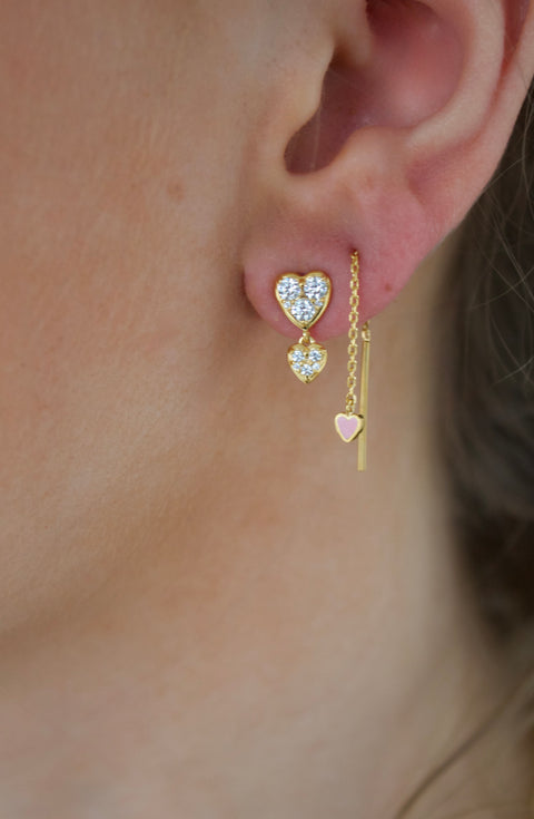 Stine A Dangling Love Heart Light Pink Enamel ørering, Forgyldt sølv