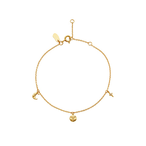Lysander_bracelet_gold. Lysander armbånd med tre vedhæng fra Maanesten. i forgyldt sterlingsølv 
