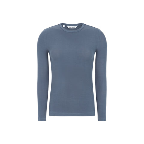 SRAW22-300-717Grisaille-Extra1. SRFEnja bluse o-neck top fra Soft Rebels. i farven blå. varenummer SRAW22-300. Tætsiddende langærmet bluse