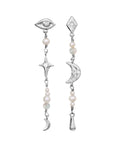 Sissone_earrings_silver_a. Sissone ørering fra Maanesten i sølv. med måne, stjerne, øje og ferskvandsperle