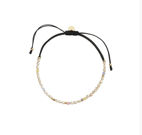 Stine A Confetti Pearl Bracelet with Beige and pastel Mix with Black Ribbon