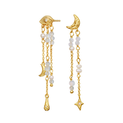 Sonata_earrings_gold_b. sonata ørering i forgyldt sølv fra maanesten. med måne og stjerne og ferskvandsperle