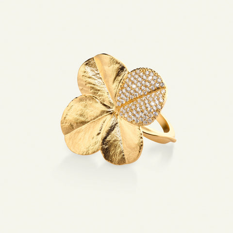 Flora Danica Firkløver Statement ring pavé forgyldt
