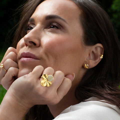 Flora Danica Firkløver Statement ring pavé forgyldt