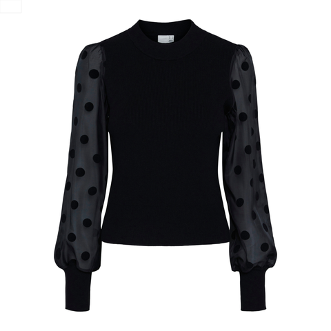 YASDOTME LS KNIT PULLOVER. varenummer 26024389. striktrøje med sorte prikker og mesh ærmer 