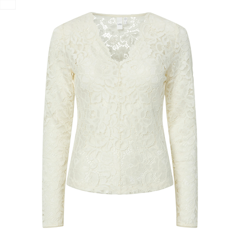 YASLACEY LS V-NECK LACE TOP. blondetop fra YAS i hvid med blonder. varenummer 26039992