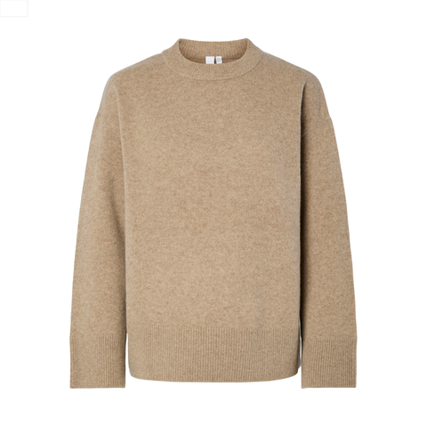 YASNOLA ls wool knit pullover striktrøje fra yas i farven oat milk beige sandfarvet med lange ærmer