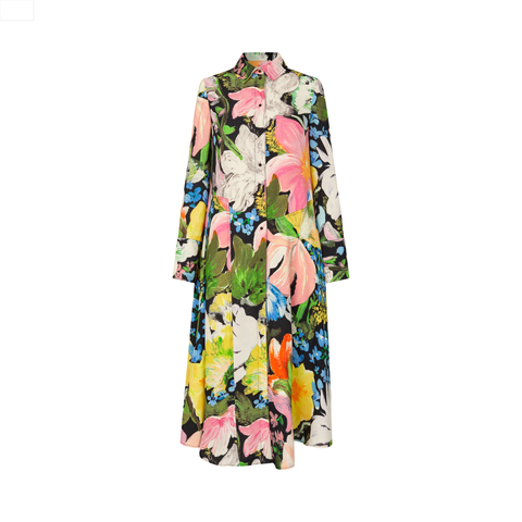 front placket midi polo dress, heavy dry viscose, 2436, flowers under the sun. fra stine goya kjole, skjortekjole med knapper krave