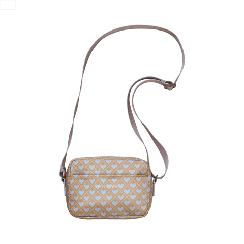 nylon crossbody, small crossbody bag hearts fra stine goya. taske. skuldertaske med rem. blå hjerter. 