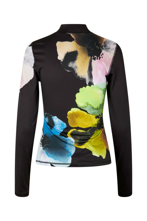 STINE GOYA - Elastic High Neck Collared Top, Watercolor Bloom Maxi
