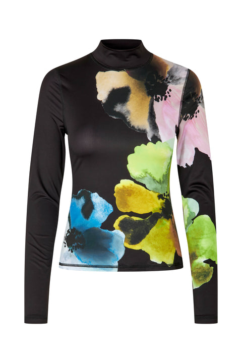 STINE GOYA - Elastic High Neck Collared Top, Watercolor Bloom Maxi