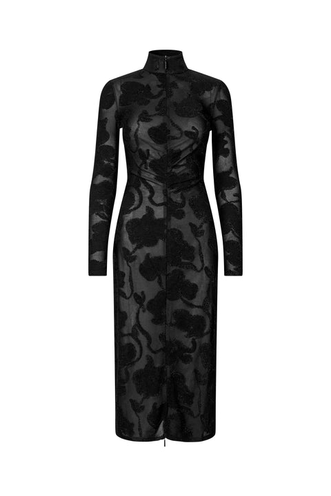 STINE GOYA Lurex Jersey, Long Sleeve Zip Dress - Black Petunias
