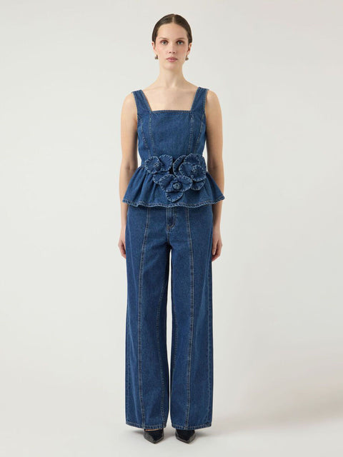YASELSIE SL Peplum Denim Top, Medium Blue Denim